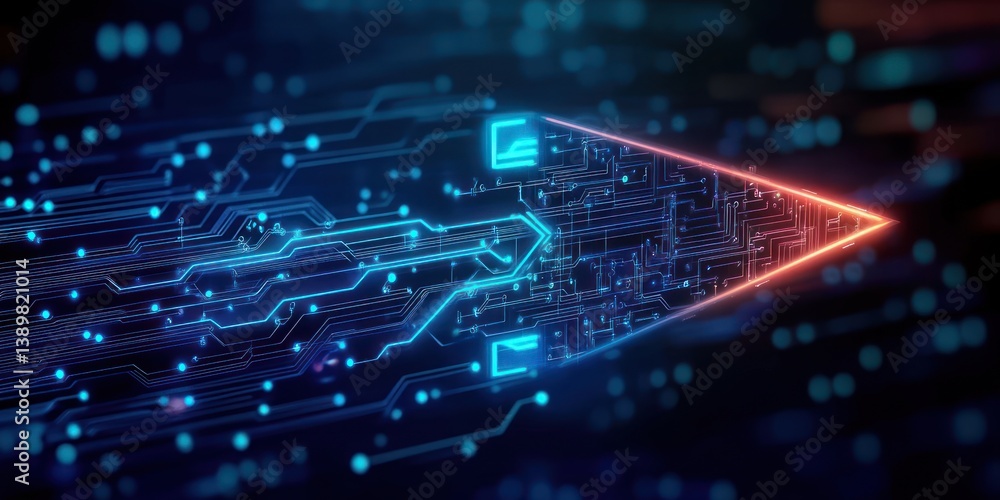 Futuristic Arrow Shaped Circuit Board Glowing in Neon Blue Light on Dark Gradient Background Technology Concept Futuristic Arrow Shaped Circuit Board Glowing in Neon Blue Light on Dark Gradient Background Technology Concept