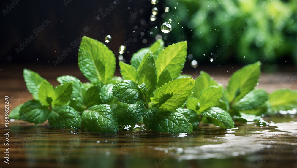 Refreshing Fresh Green Mint Leaves Splashing with Water for a Cool Drink