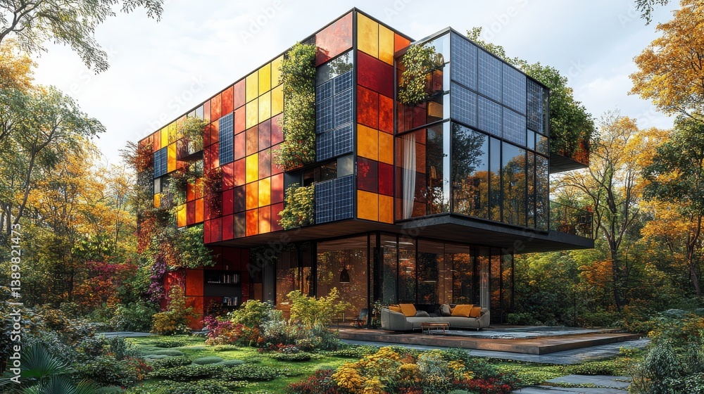 Obraz premium Colorful EcoHouse with Autumn Forest.