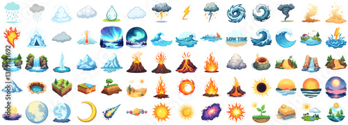 Nature elements flat vector illustration set in vibrant colors showing weather, water, earth, fire	