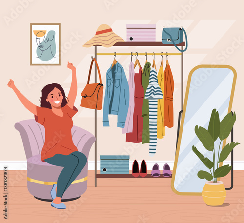Young woman looks at the order in the room. Flat style cartoon vector illustration