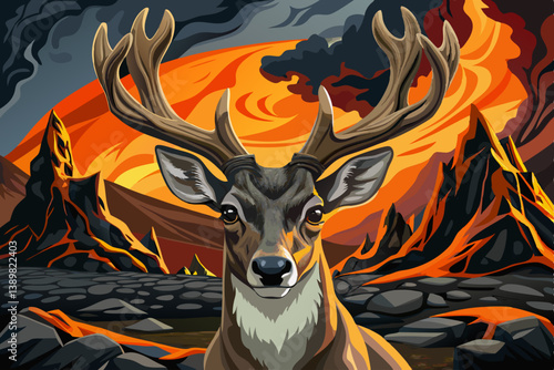 Portrait of majestic red deer stag in volcanic terrain of black rocks and rugged beauty