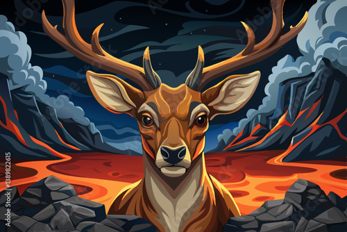 Portrait of majestic red deer stag in volcanic terrain of black rocks and rugged beauty