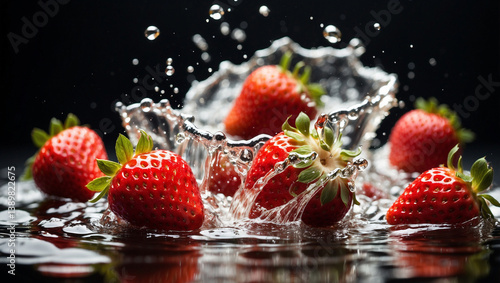 Obraz na płótnie Fresh Strawberries Falling into Water Creating a Refreshing Scene w salonie