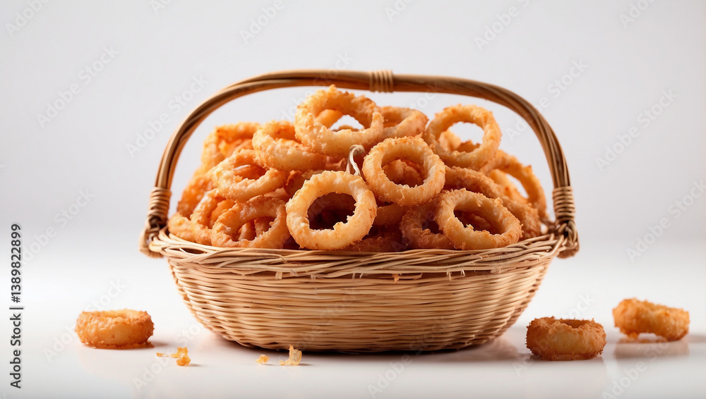 Crispy Fried Onion Rings in a Basket Isolated for a Tempting Snack