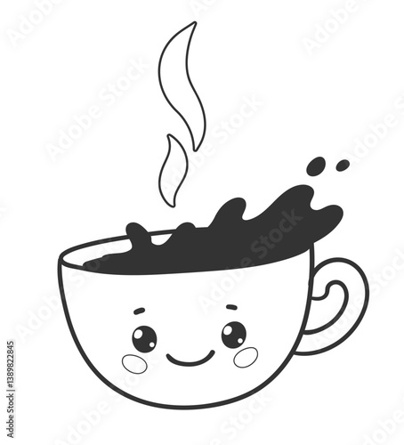 Vector line art illustration of a cute coffee cup with kawaii face, steam, and splash of hot drink.
