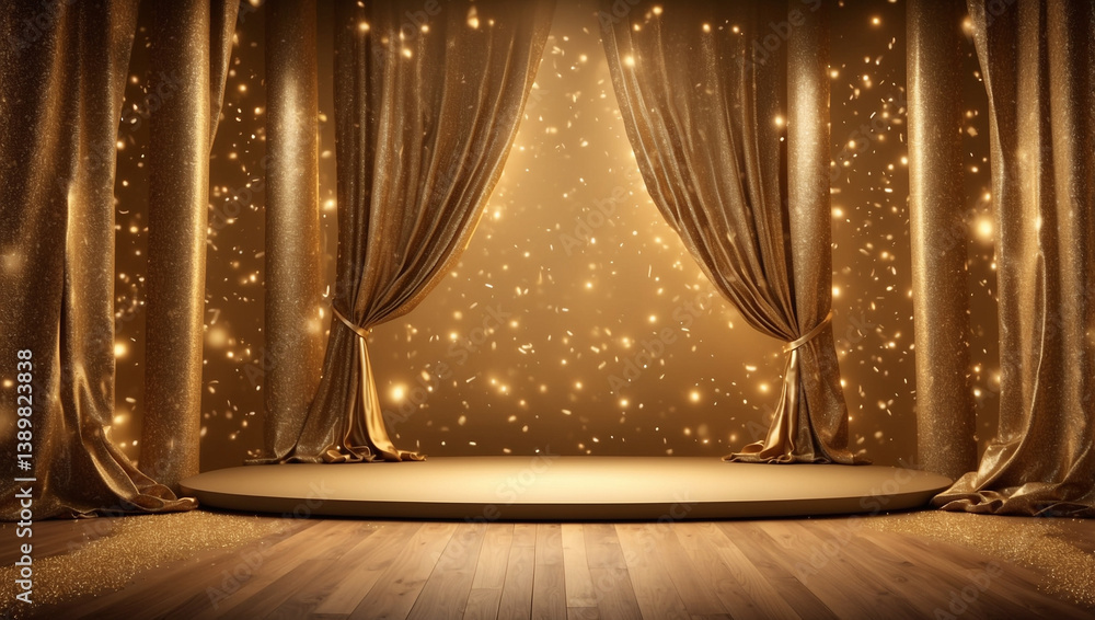 Sparkling Golden Glitter Curtains Revealing a Grand Show