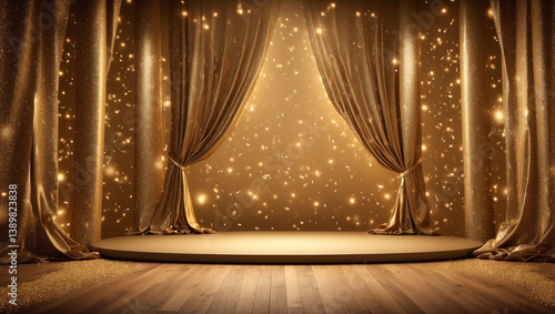 Obraz na płótnie Sparkling Golden Glitter Curtains Revealing a Grand Show w salonie