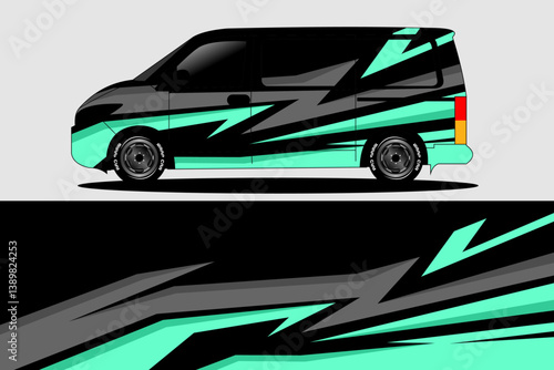 Stylish van design featuring dynamic turquoise and black graphics, set against a minimalist background