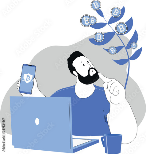 Mining, crypto wallet app, profitable investment in bitcoin. Vector illustration investor, increase digital money income, electronic currency