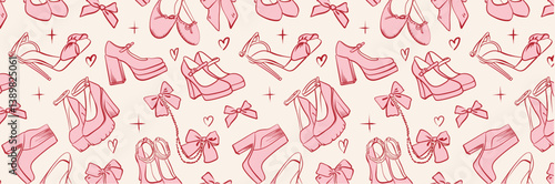 Pink pattern of coquette vintage girly shoes, bows and hearts. Hand drawn background in doodle style. Vector drawing for invitation, cover,  scrapbooking, postcard or personal secret diary.