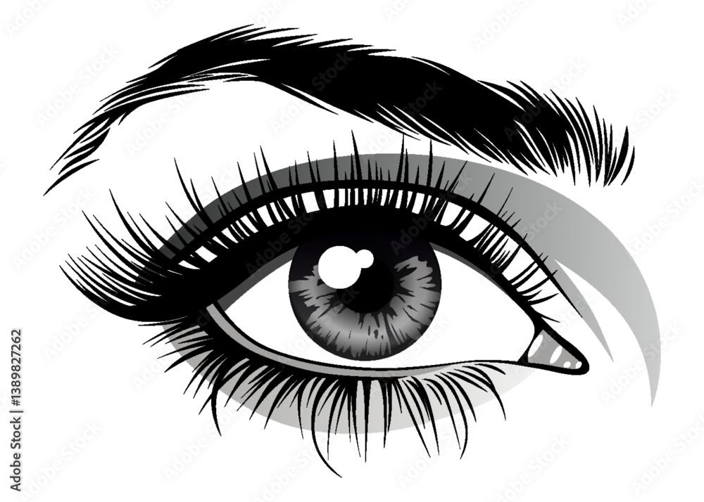 Obraz premium Beautiful female eye with big lashes and eyebrow. Eyeliner glamour makeup. Vector icon