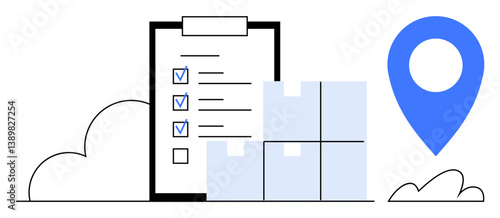Checklist with ticked items aligned beside parcel boxes and a blue location pin. Ideal for logistics, delivery planning, inventory, supply chain, task tracking, order fulfillment, flat simple