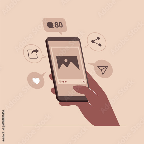 Engaging with Social Media Content. Hand holding a smartphone displaying a social media post with representing user actions such as liking, sharing, commenting, and sending the post