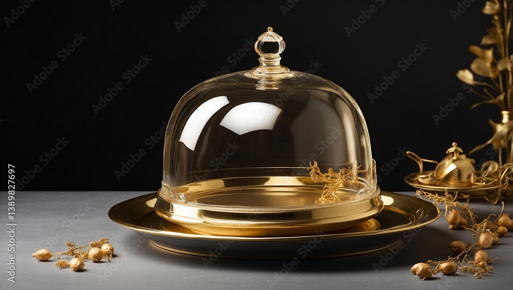 Elegant Golden Serving Cloche Raised Above an Empty Table Setting