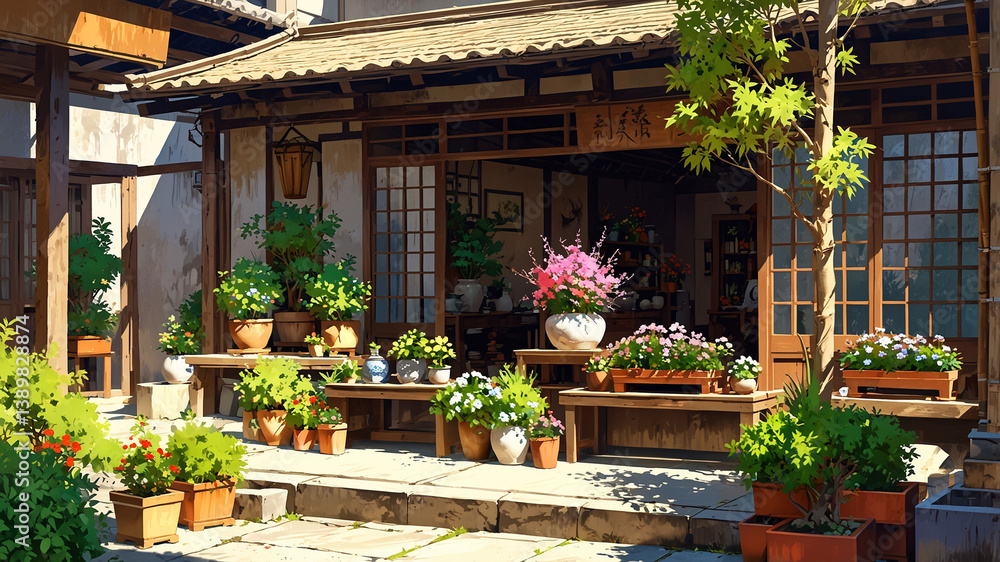 Obraz premium shop set in ancient japanese time in the afternoon. focus on the item on display. anime like. bright and vivid color. soft light. day time.