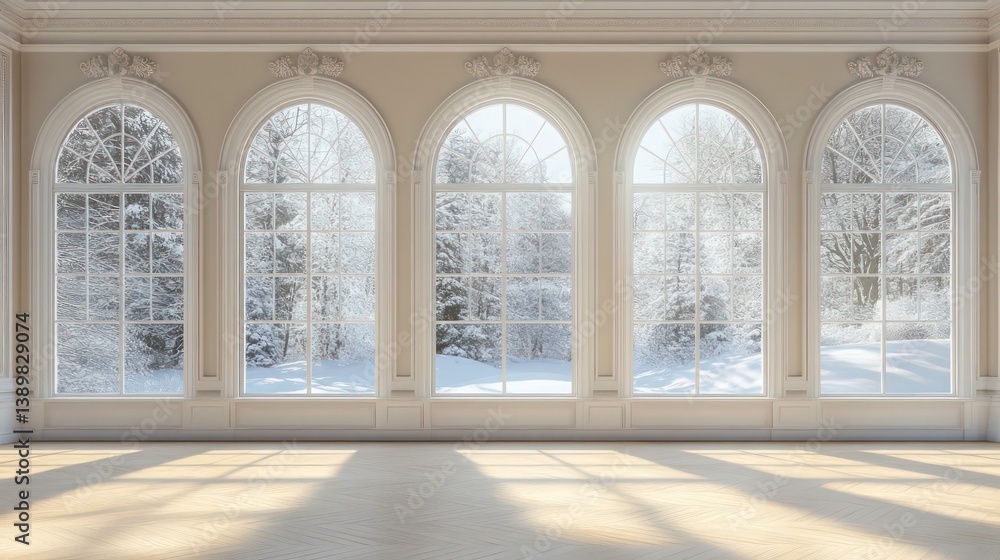 Classic arched windows in grand room showcase snowy landscape. Elegant style of interior design features symmetrical layout. Light streams into room casting shadows on light-colored wooden floor. Classic arched windows in grand room showcase snowy landscape. Elegant style of interior design features symmetrical layout. Light streams into room casting shadows on light-colored wooden floor.