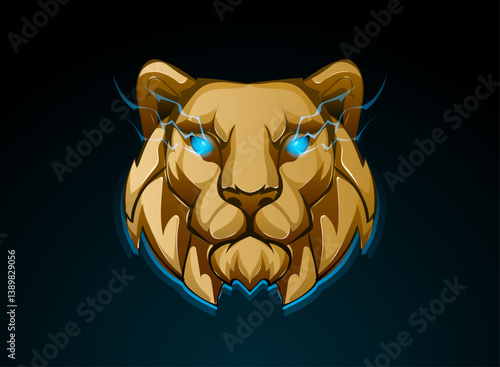 3d lion head logo with blue light eyes and aura with golden 3d game icon fantasy style