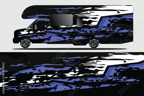 Stylishly designed camper van with abstract patterns parked on a gray background, ideal for travel