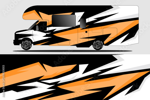 Stylishly designed camper van with bold orange and black patterns, parked on a clean background