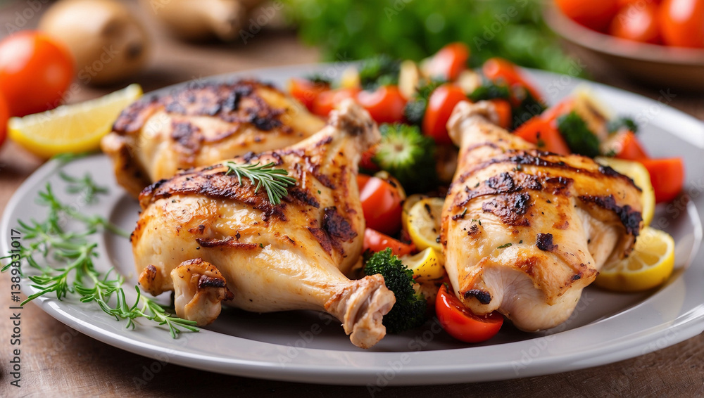 Tasty Grilled Chicken Legs Served with Fresh Vegetables