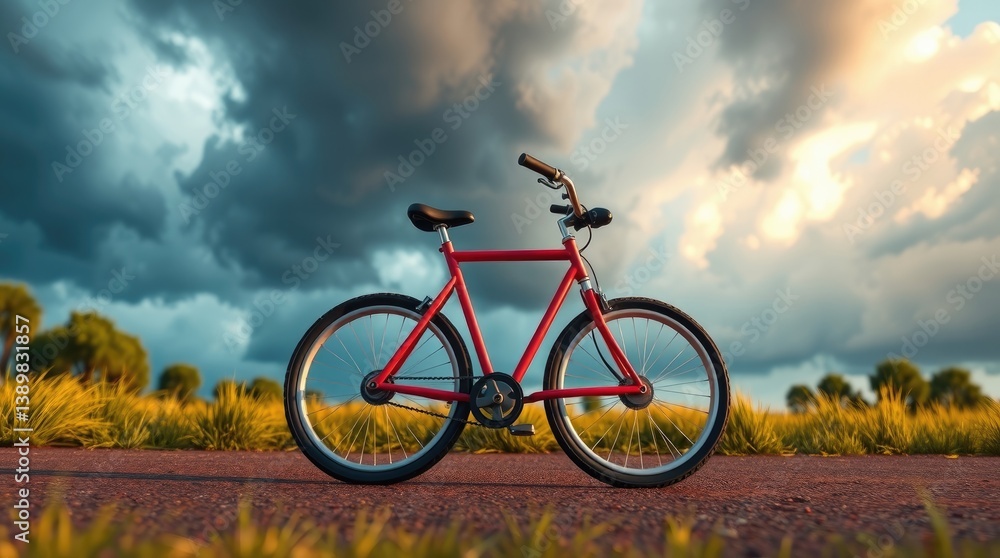 A red bicycle stands still on a paved pathway A red bicycle stands still on a paved pathway