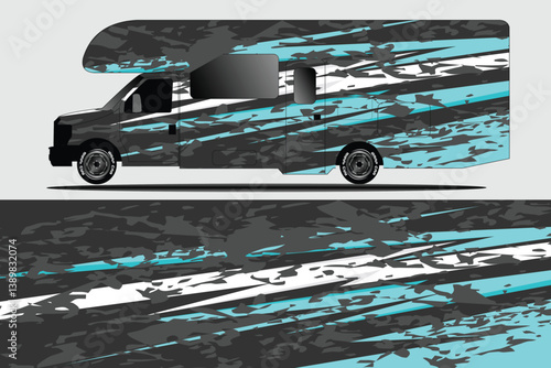 Stylishly designed camper van with dynamic blue and black patterns on a neutral background