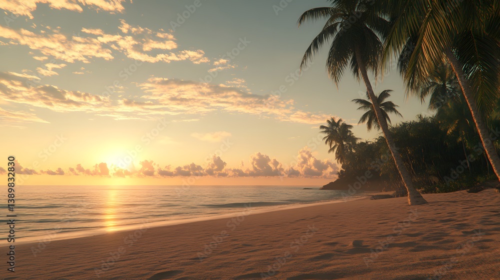Fototapeta premium Serene Tropical Beach Sunset Golden Hour on Sandy Shore with Palm Trees