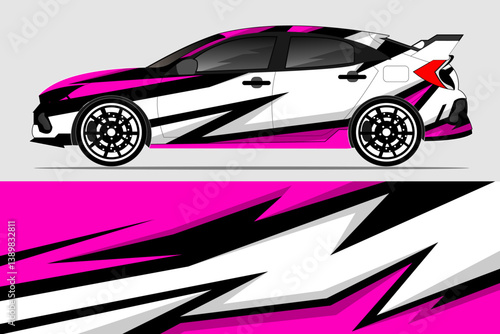 Stylishly designed car with vibrant pink and black graphics showcased against a neutral background