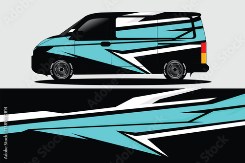 Stylishly designed delivery van with dynamic graphics parked against a minimalist background