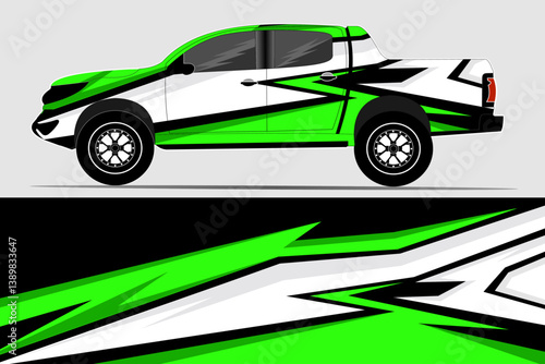 Stylishly designed pickup truck with bold green and black graphics parked against a neutral backdrop