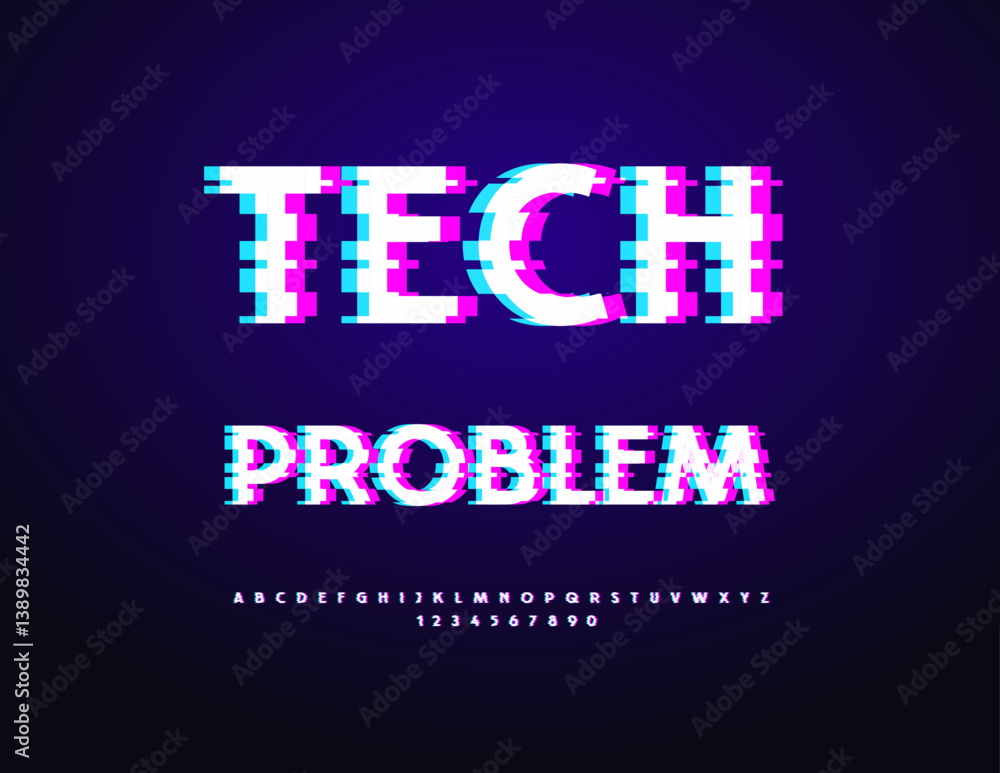 Obraz premium Vector Digital logo Tech Problem. Error Effect Font. Modern Glitch Alphabet Letters and Numbers set