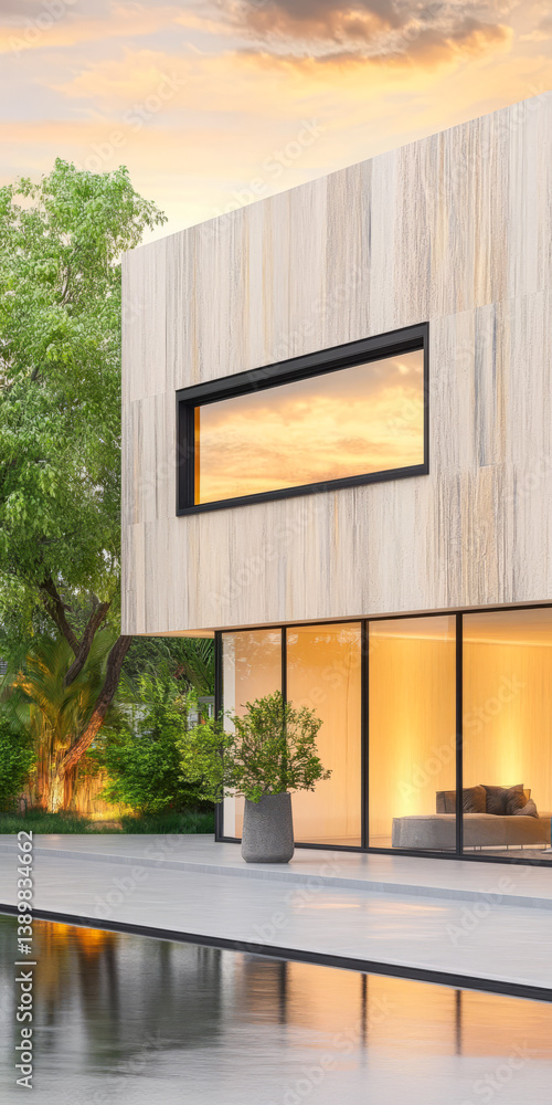 Fototapeta premium Modern residence showcases sleek architecture and vibrant sunset reflections