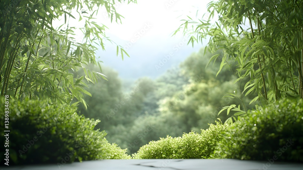Fototapeta premium Serene Bamboo Garden Landscape Tranquil Nature Scene with Lush Greenery and Soft Sunlight