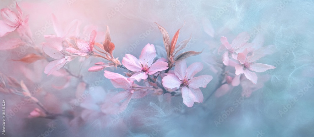 Fototapeta premium Delicate pink blossoms, softly blurred, evoke serenity in a misty spring scene