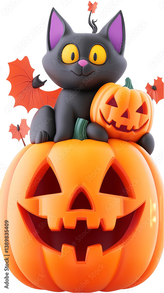 3D Illustration Of Black Cat On Pumpkin With Autumn Leaves Isolated 3D Illustration Of Black Cat On Pumpkin With Autumn Leaves Isolated