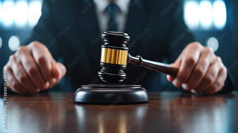 High-stakes trial verdict delivered with a gavel in a modern courtroom setting High-stakes trial verdict delivered with a gavel in a modern courtroom setting
