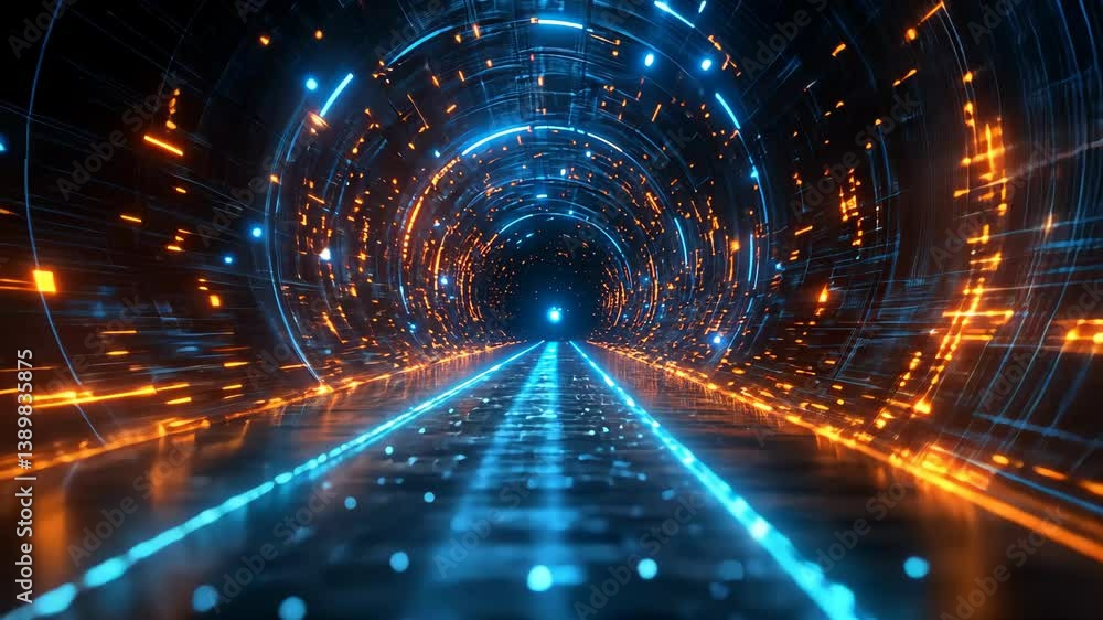 Explore mesmerizing digital tunnel with glowing lights and flowing patterns transporting viewers to a futuristic realm Explore mesmerizing digital tunnel with glowing lights and flowing patterns transporting viewers to a futuristic realm