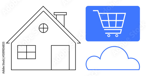 House, cloud, and digital shopping cart icon represent e-commerce, cloud computing, remote shopping, and connectivity. Ideal for retail, technology, logistics home access innovation communication