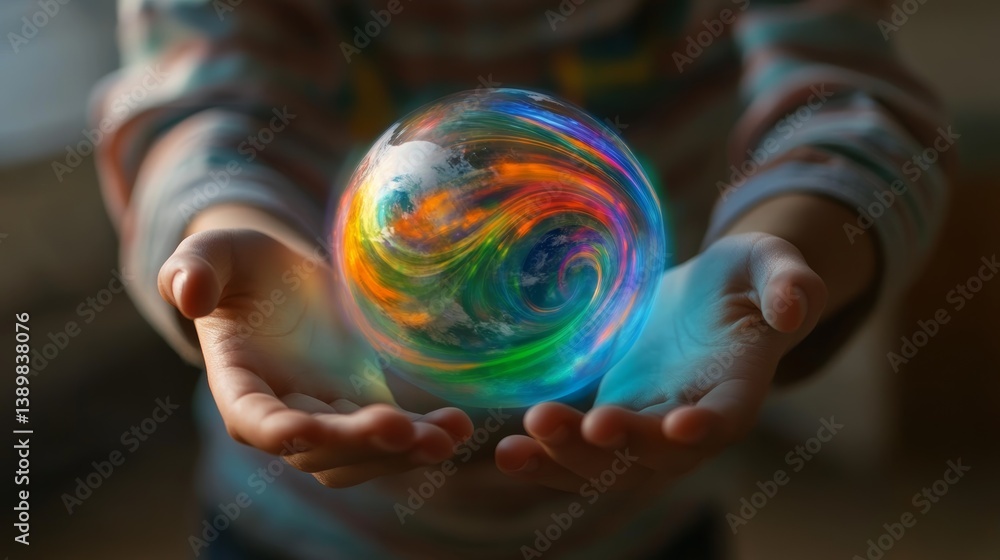 Ethereal Globe of Soft Light Floating Above Person's Gentle Hand Gestures Amid Colorful Spirals Ethereal Globe of Soft Light Floating Above Person's Gentle Hand Gestures Amid Colorful Spirals