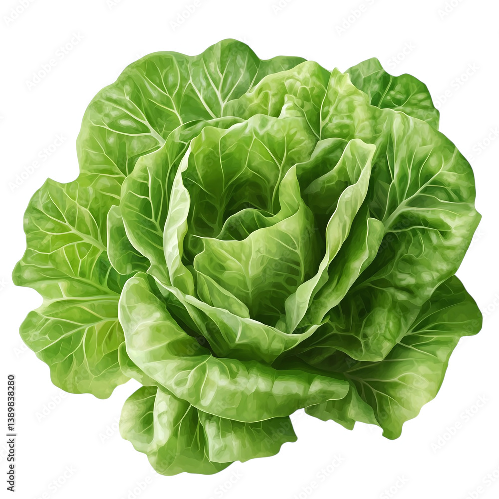 Fototapeta premium Fresh green romaine lettuce leaves, vivid realism, isolated transparent background.