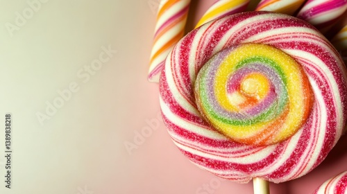 Wallpaper Mural Colorful Swirl Lollipop on a Pastel Background with Striped Candy Sticks in the Background Torontodigital.ca