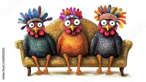 Highly Detailed Vibrant Illustration Featuring Three Colorful Wild Turkeys on White Background