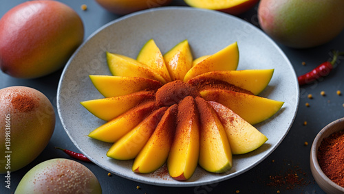 Fresh Mango Slices With Chili Powder On A Plate Healthy Tropical Fruit