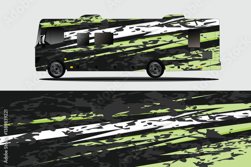 Stylishly designed RV showcasing a modern camouflage pattern, parked against a neutral background