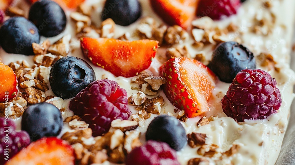 Breakfast dish topped with fresh berries and granola for a healthy start to the day Breakfast dish topped with fresh berries and granola for a healthy start to the day