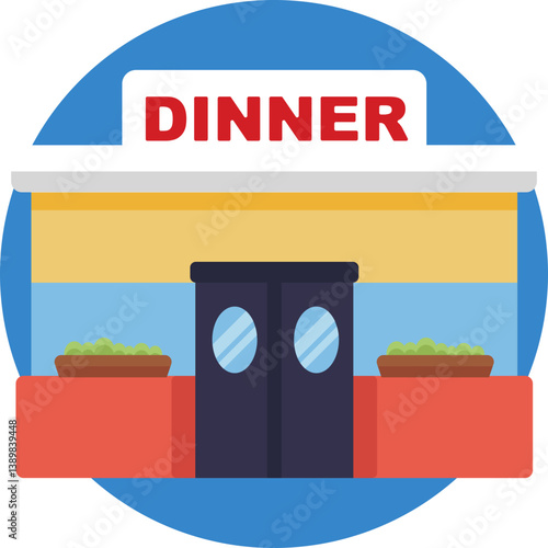 A building exterior featuring a sign and large windows, representing the front view of a restaurant.