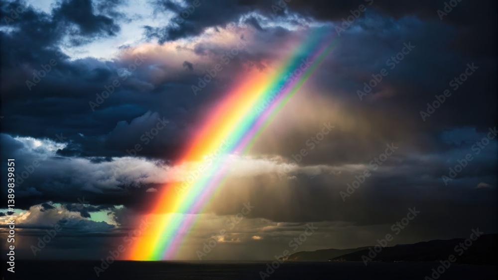 Fototapeta premium A vibrant rainbow arcs over dark clouds, casting a colorful spectrum against a dramatic sky, suggesting beauty after a storm.