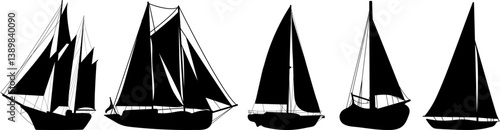 set of silhouette ships with sails, vector