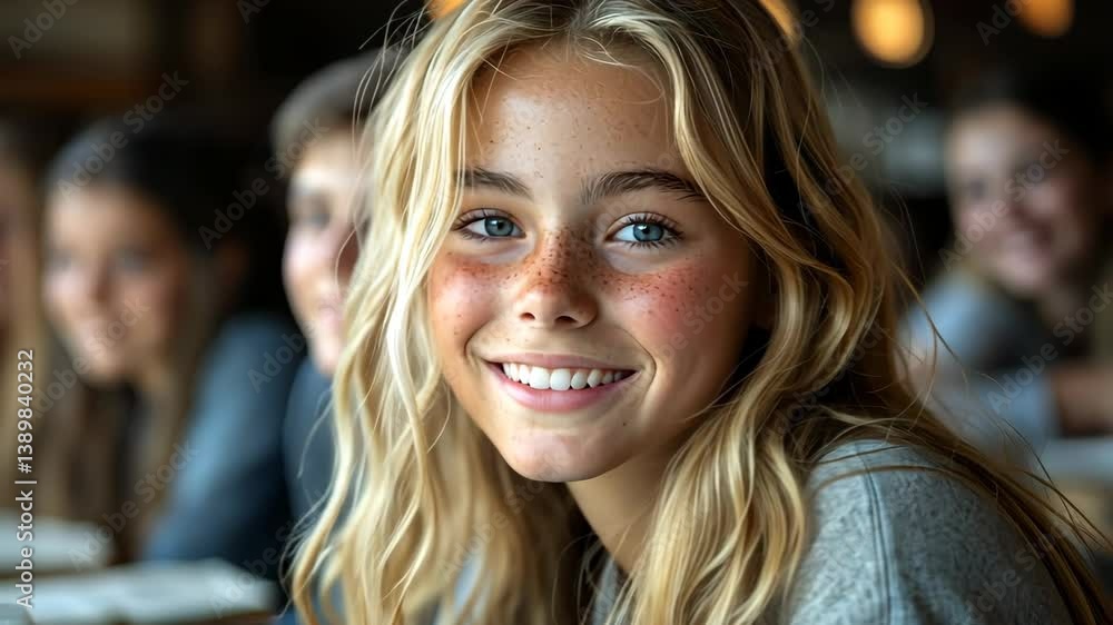 Smiling young girl engages with friends in a cozy setting with warm lighting and books on the table during an afternoon gathering Smiling young girl engages with friends in a cozy setting with warm lighting and books on the table during an afternoon gathering